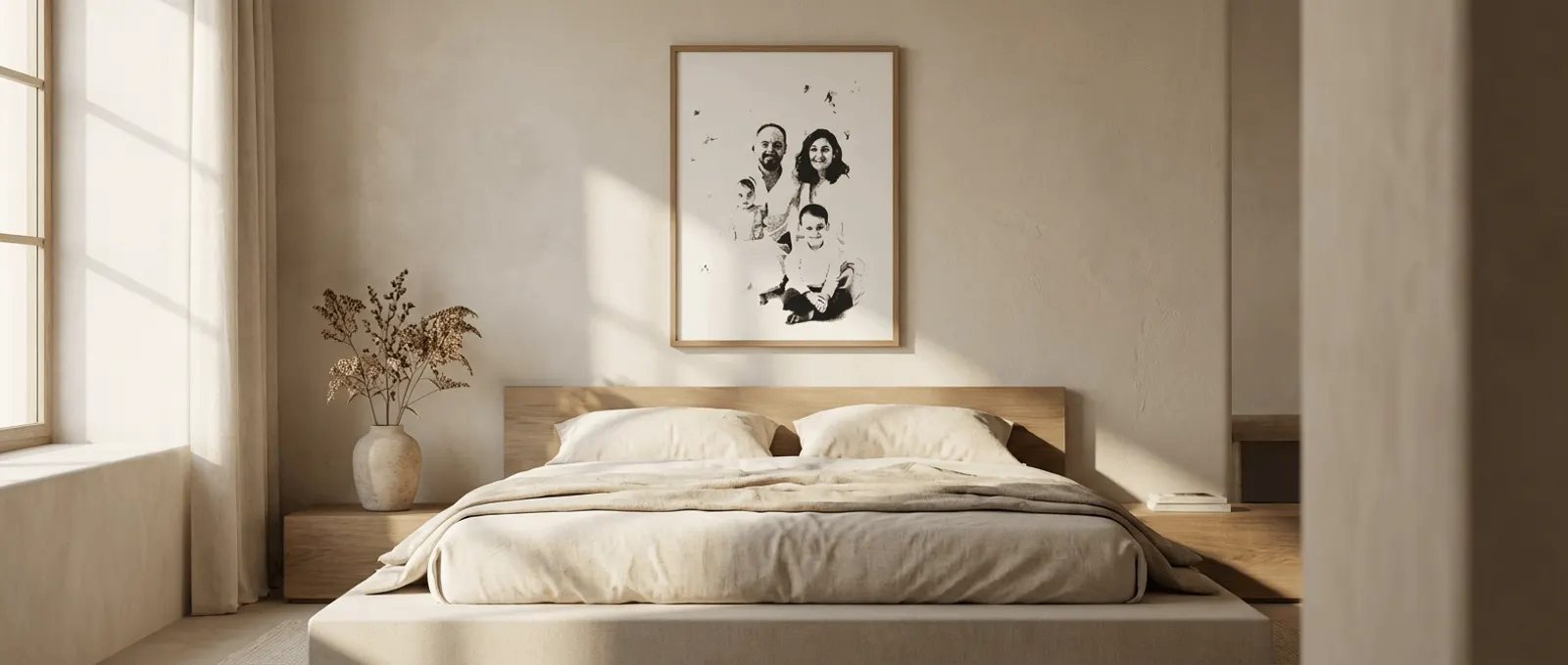 A family portrait made of letters hanging in a bedroom