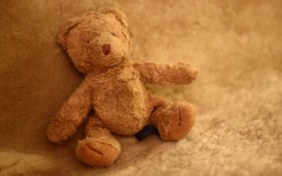 A teddy bear on a soft blanket