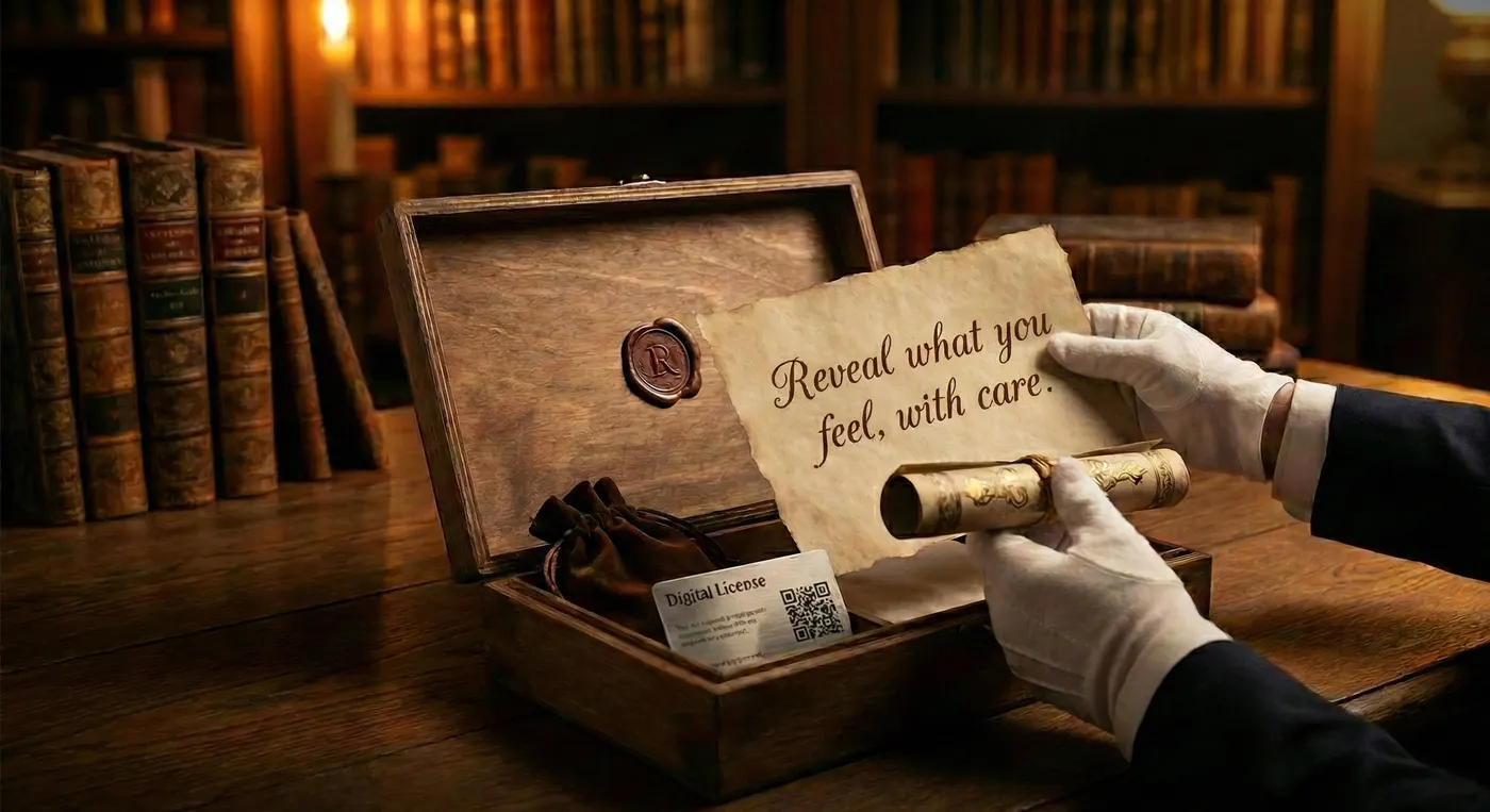 The wooden Revelo Box: a sealed box, a rolled note and a card with a QR code