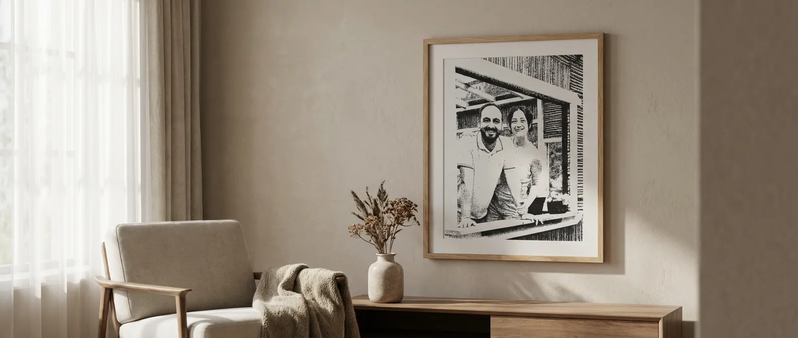 A couple's letter portrait by a window in a living room