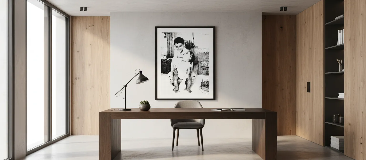 A baby's portrait on a study wall