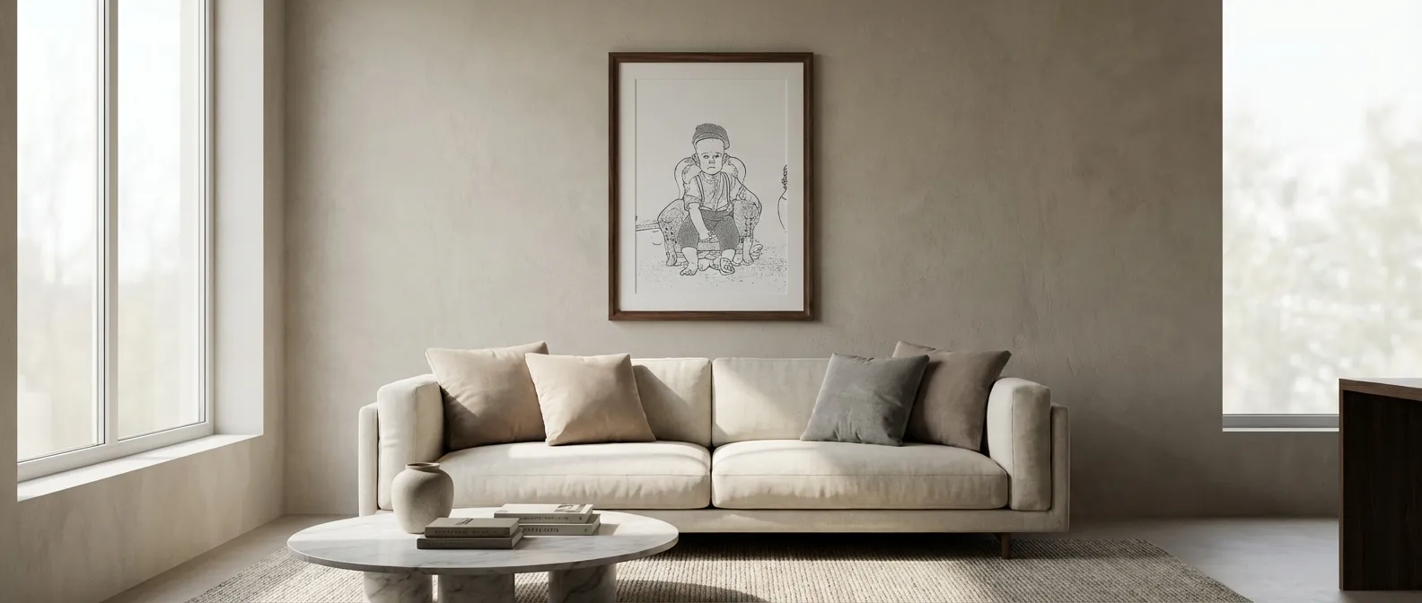 A drawing-style baby portrait in a living room