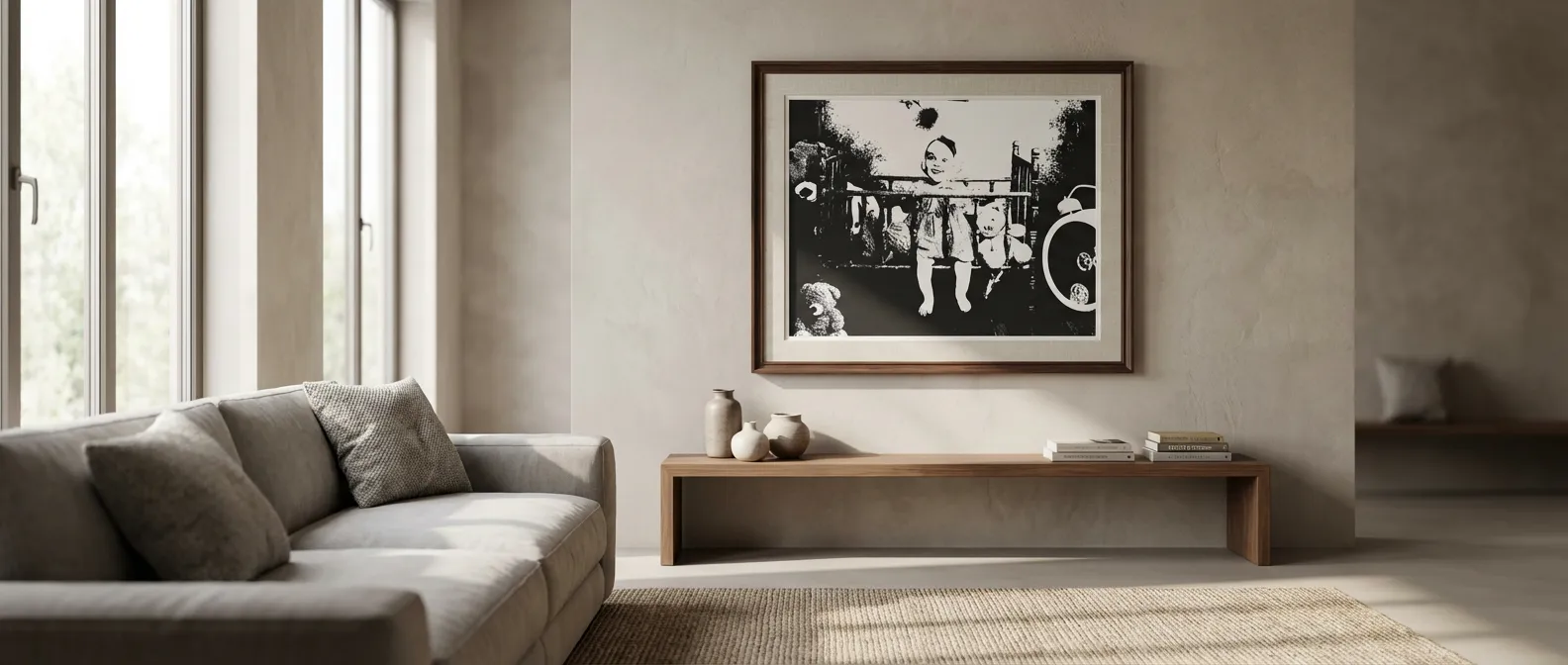 A black and white portrait above a sofa