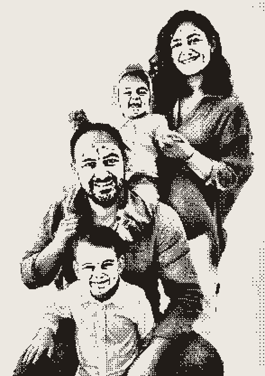 A painted family portrait made of letters; a magnifier shows the notes hidden among the letters